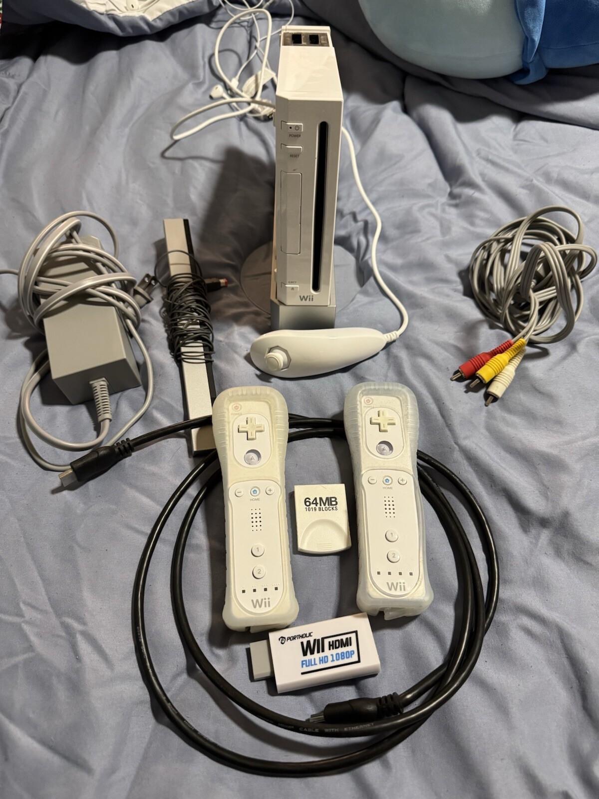wii console bundle, 64MB memory card, HDMI adapter, 2 controllers and nunchuck
