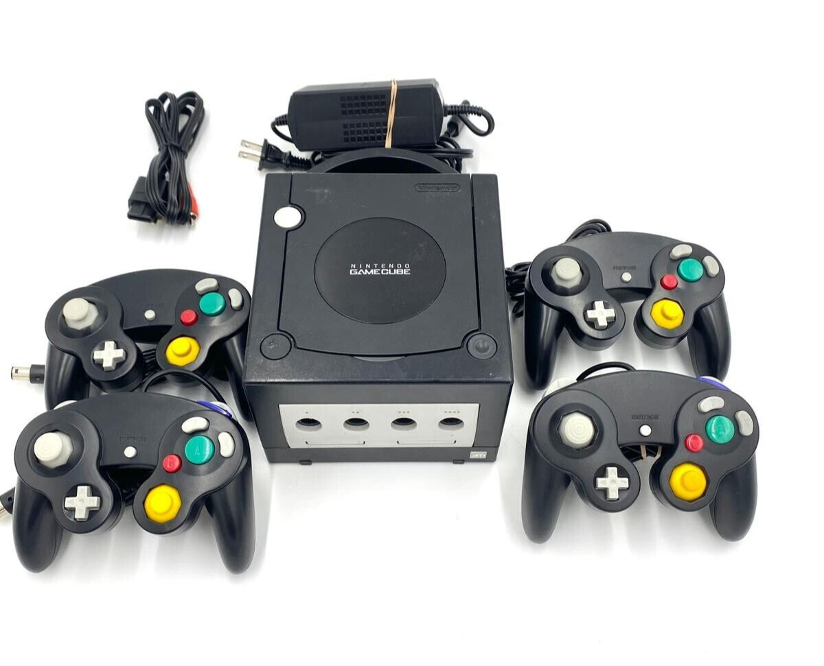 Nintendo Gamecube Console Black NGC Console + Controllers + Wires Bundle