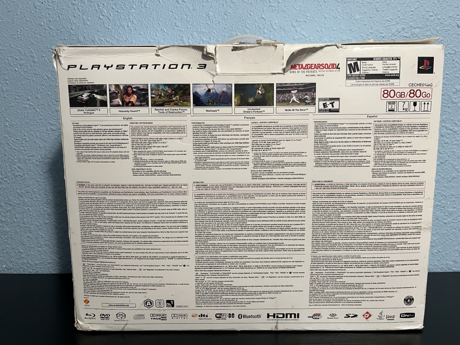 Sony PS3 Backward Compatible 80GB Model CECHE01MG Metal Gear Solid 4 Box No Game