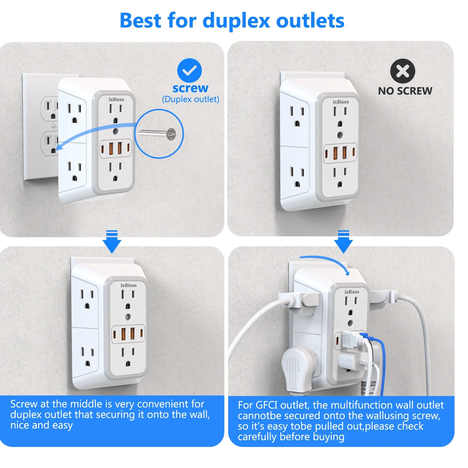 US Plug Power Strip Multitap 6 AC Outlets 2 USB 2 Type C Port Charge Electrical