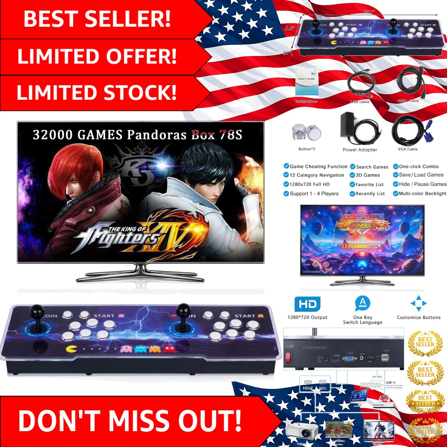 Ultimate Pandoras Box 78S Arcade Console with 32000 Games & Custom Features
