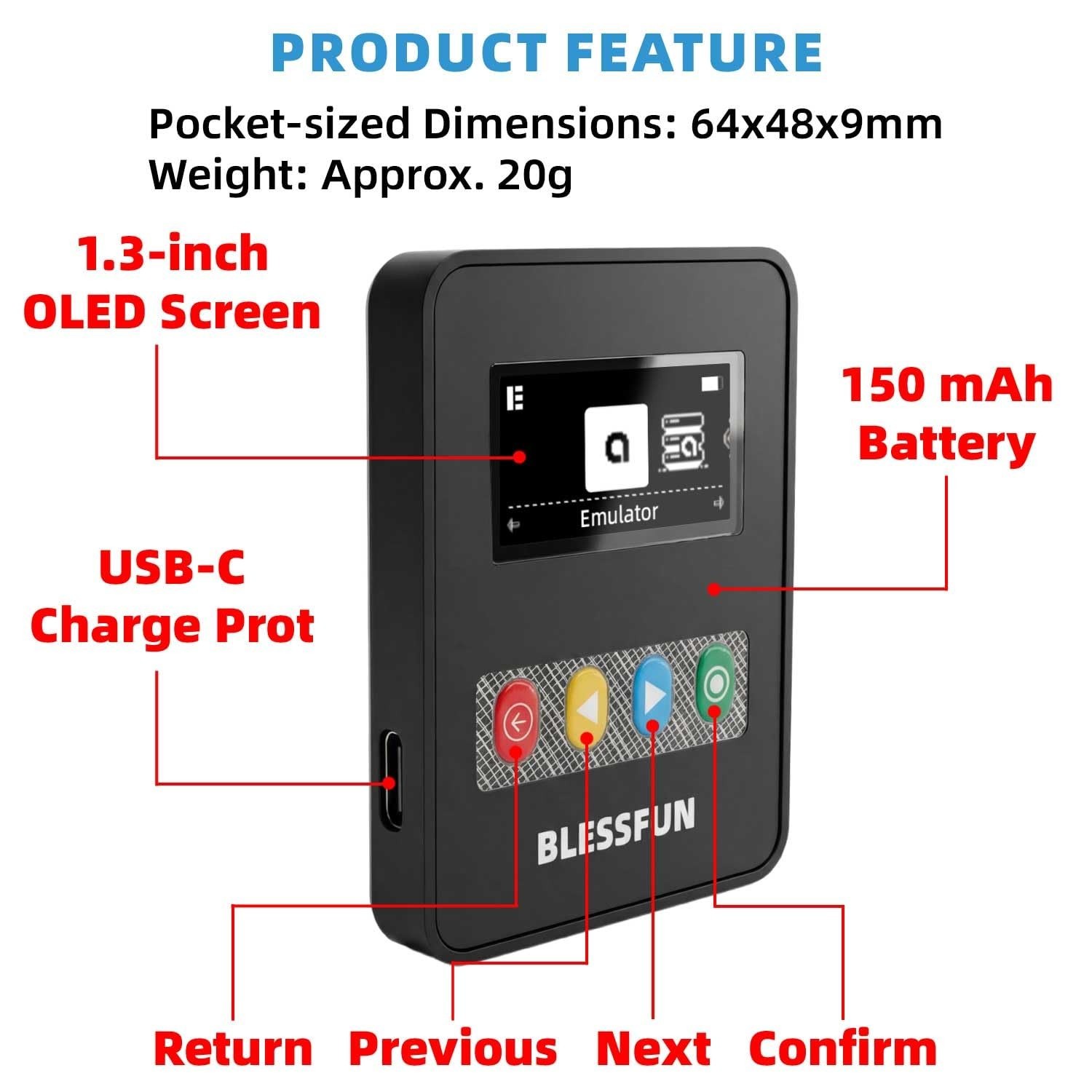 NFC Emulator with 3000+ Data Storage, 1.3″ OLED Screen, Rechargeable, Type-C, Co