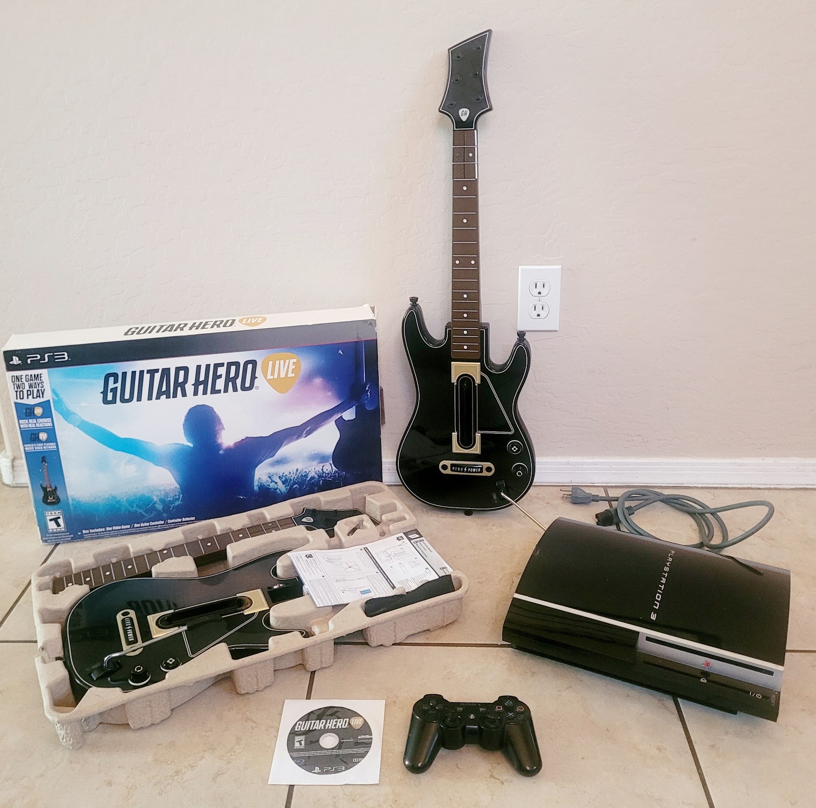 PS3 Console Bundle 2 Guitar Hero Live Wireless Controllers Game Dongle Cords Box