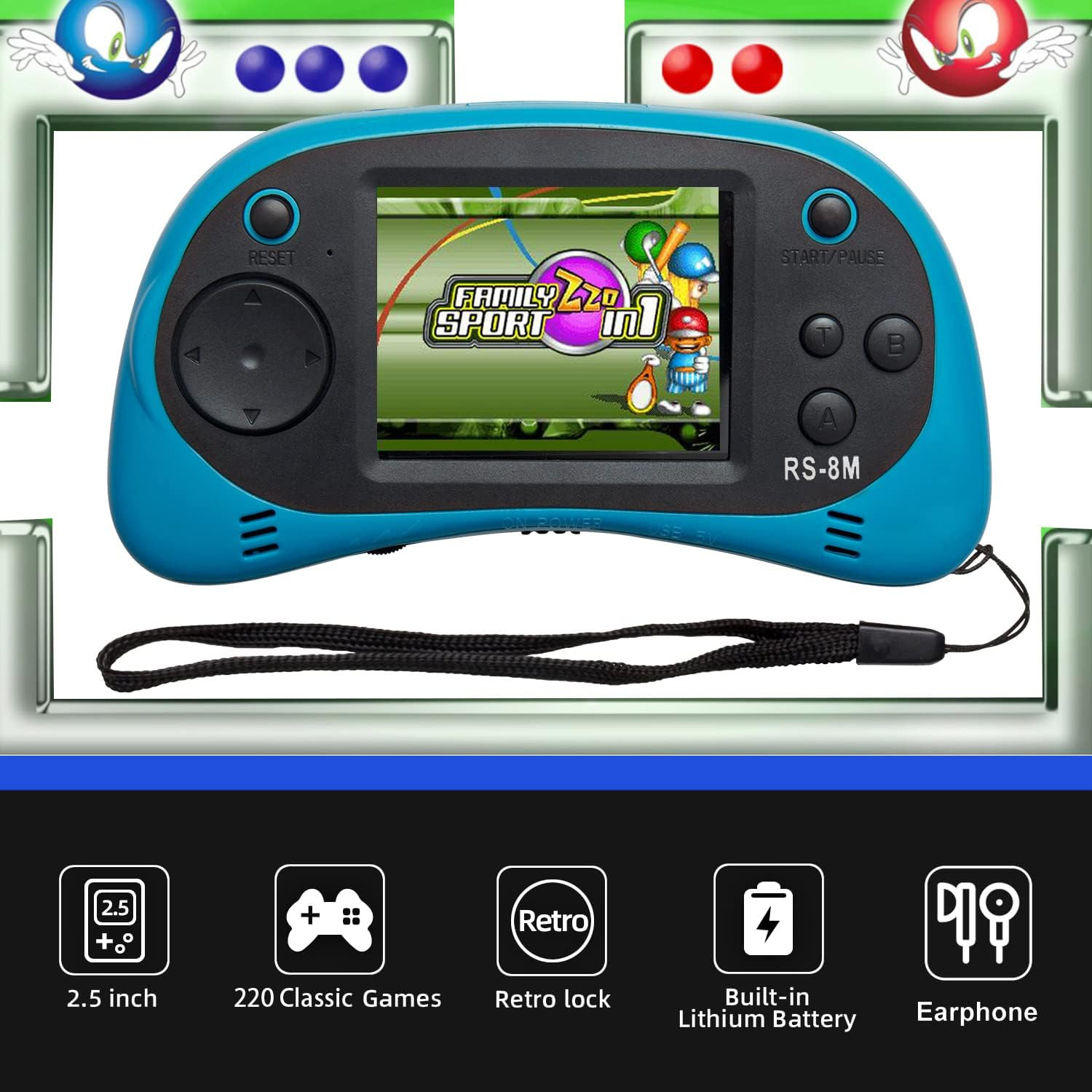 16 Bit Portable Game Player with 220 Built-In Games for Kids Ages 3-10 (Blue)
