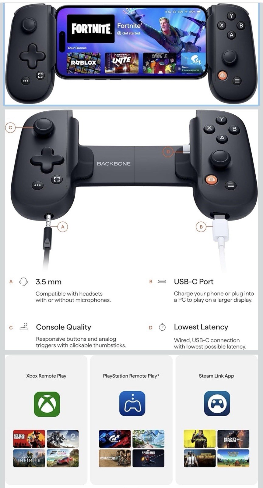 New Backbone One 2nd generation Mobile Gaming Controller BB-51-P-BR USB-C