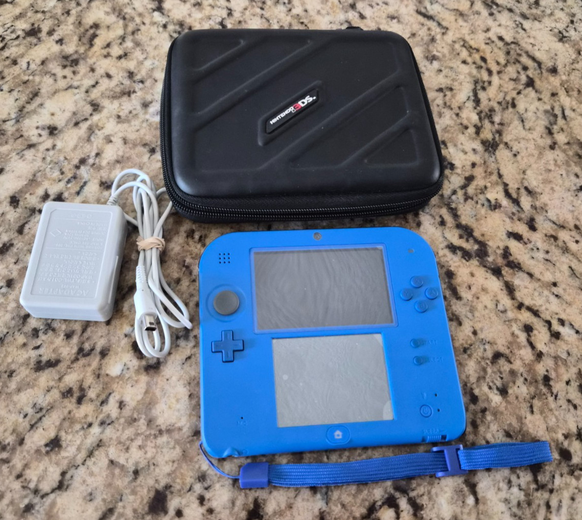 Nintendo 2DS Handheld Game Console Electric Blue Black Case + AC Charger
