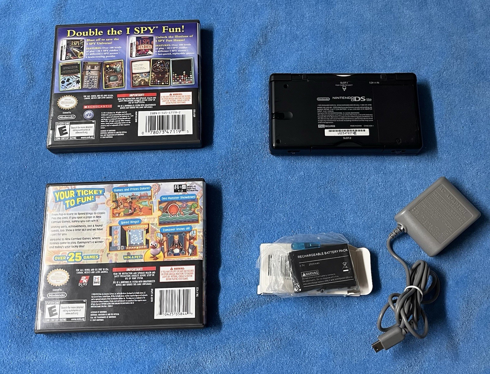 Nintendo DS Lite Cobalt Blue Console Stylus Charger & 3 Games Tested