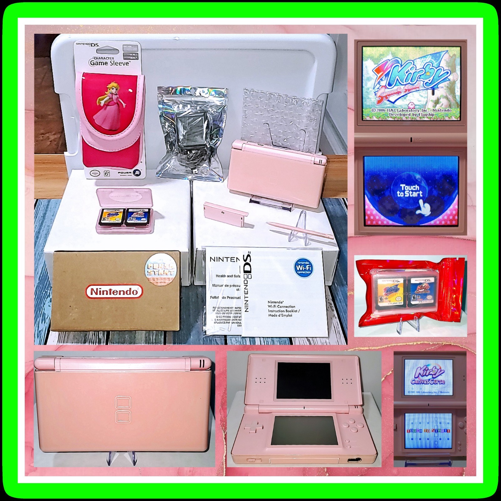 🌸 CORAL PINK Nintendo DS Lite Bundle +2 KIRBY GAMES Charger Princess Peach Case