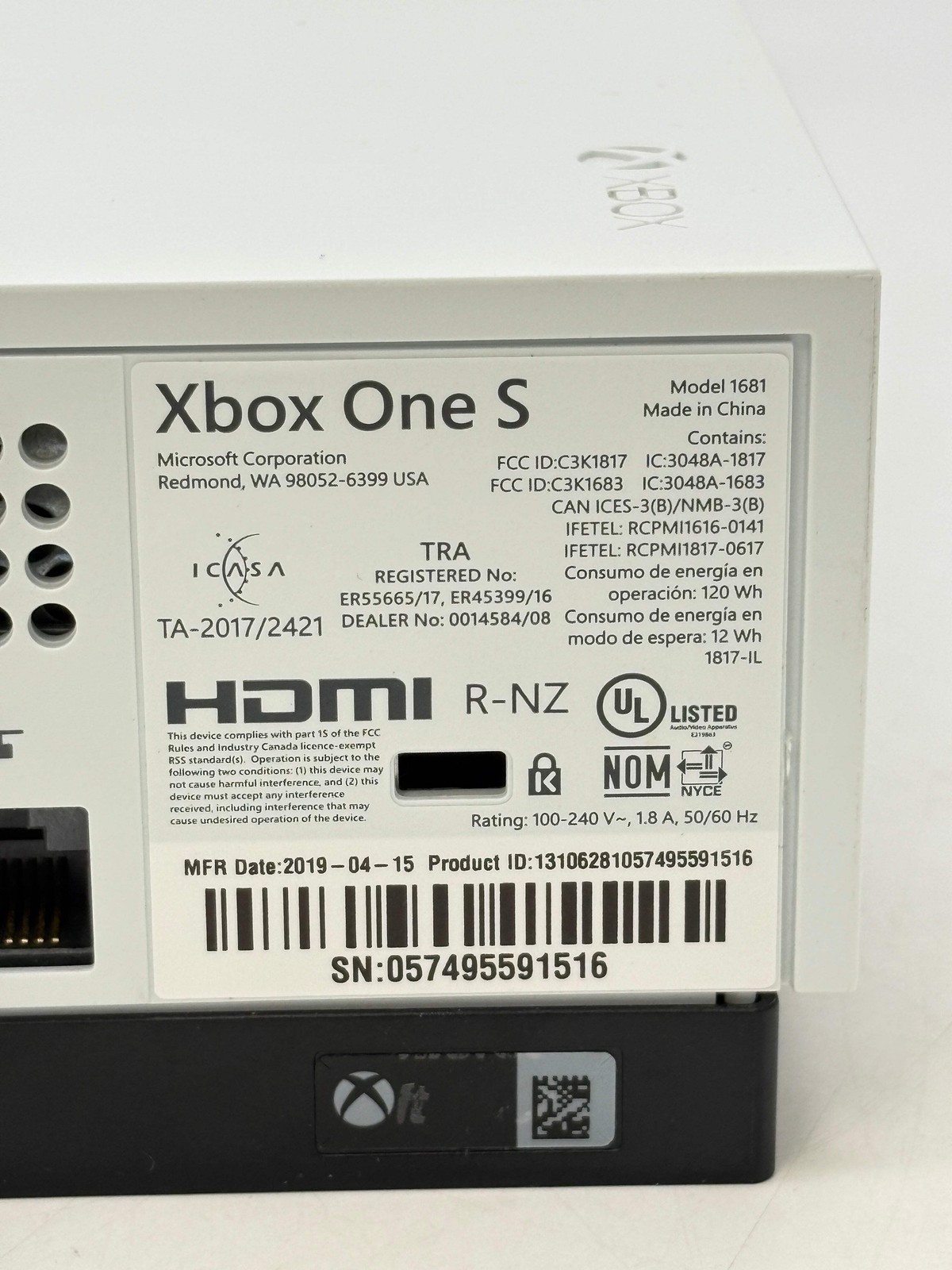 Microsoft Xbox One S 1681 White Console HDMI Cable Used