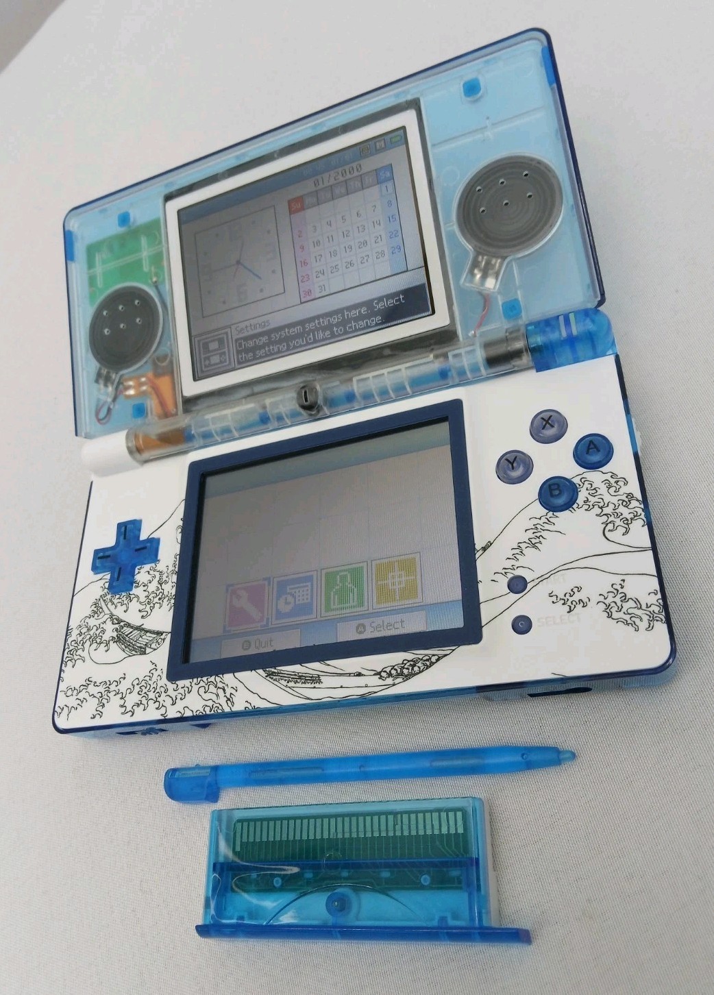 Nintendo DS Lite ReShell Clear Blue White Wave Print USB Cable Gameboy Advance