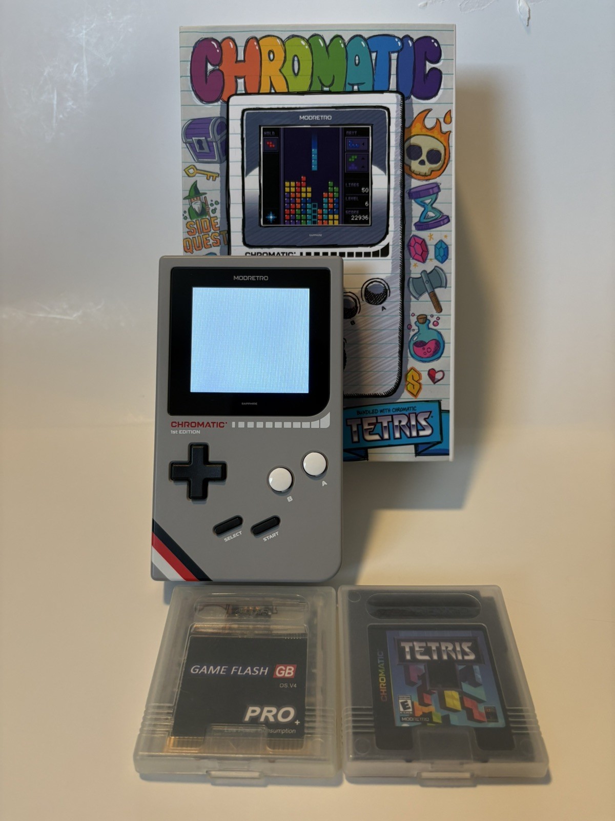 ModRetro Chromatic 1st Edition GameStop Exclusive Grey with Tetris, Flash Cart