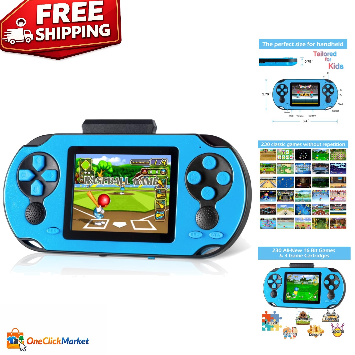 Children’s Handheld Gaming Console – 230 Retro Games, Rechargeable Battery, Blue