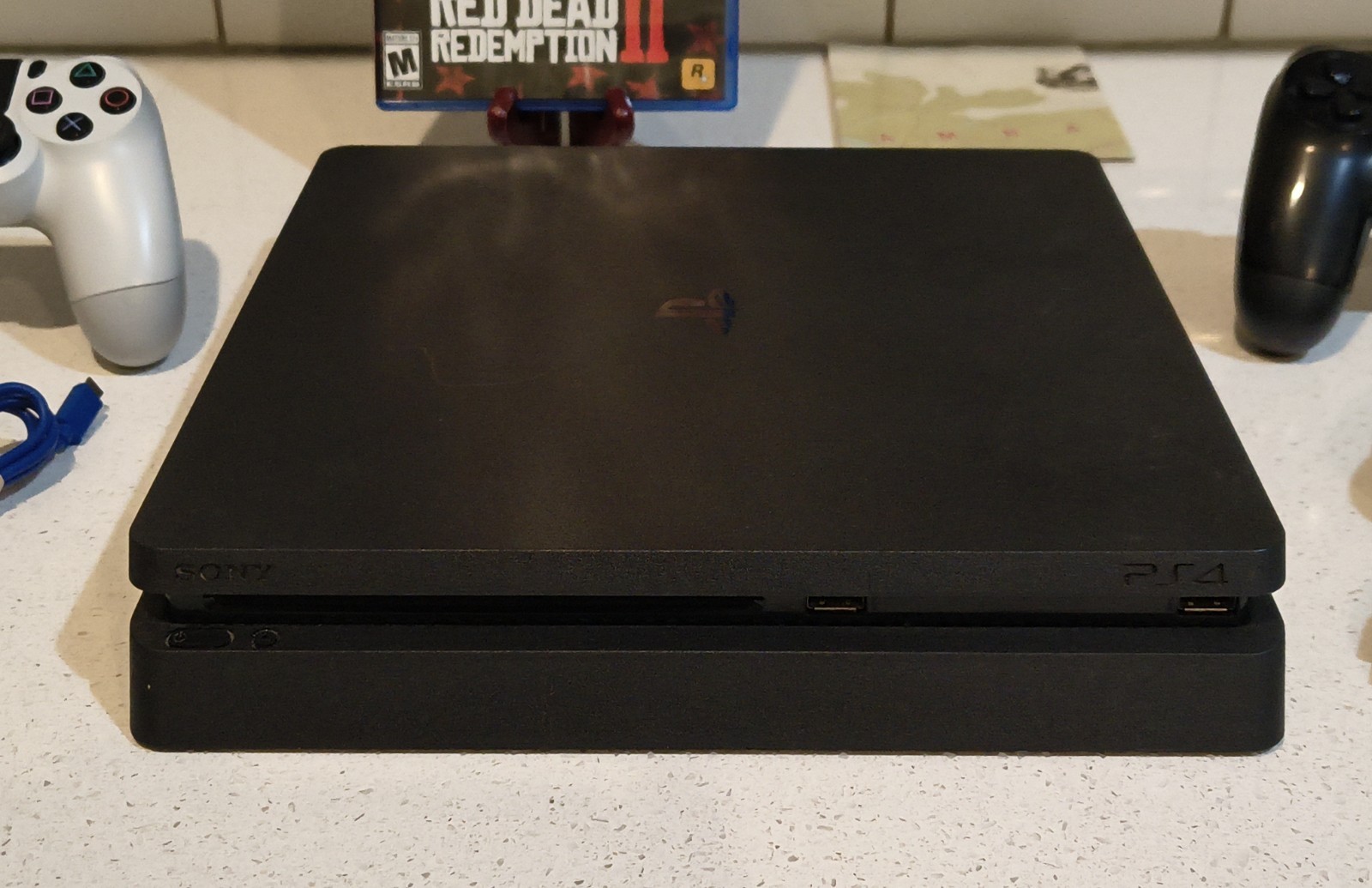 Sony PlayStation 4 PS4 Slim Console w/ 2 Controllers, RDR2 Game, HDMI & Power