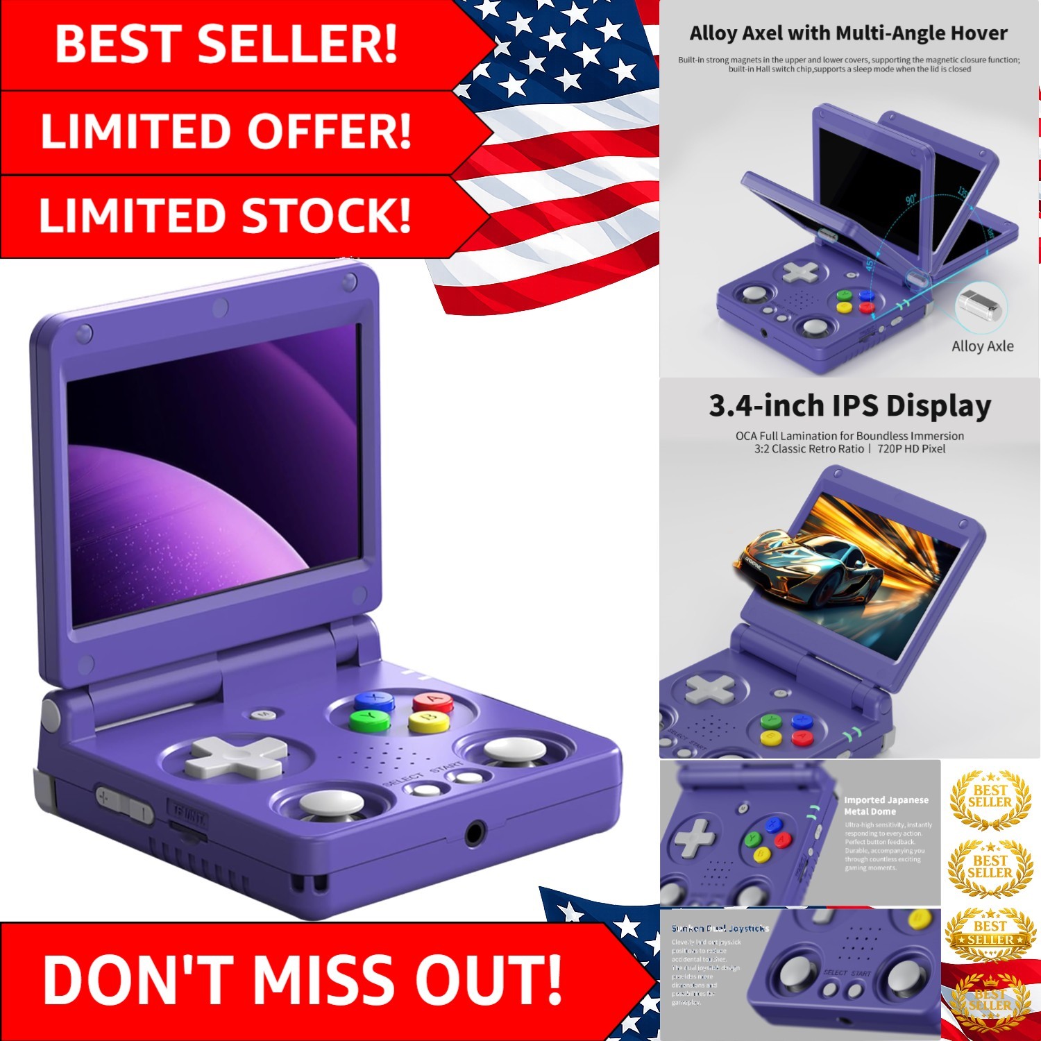3.4-Inch IPS Portable Console with Extensive Game Library – Retro Indigo Flip