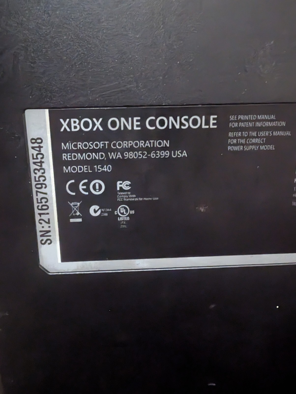 Microsoft Xbox One 500GB Black Console Model 1540 w/ Power Brick & HDMI NO CONTR