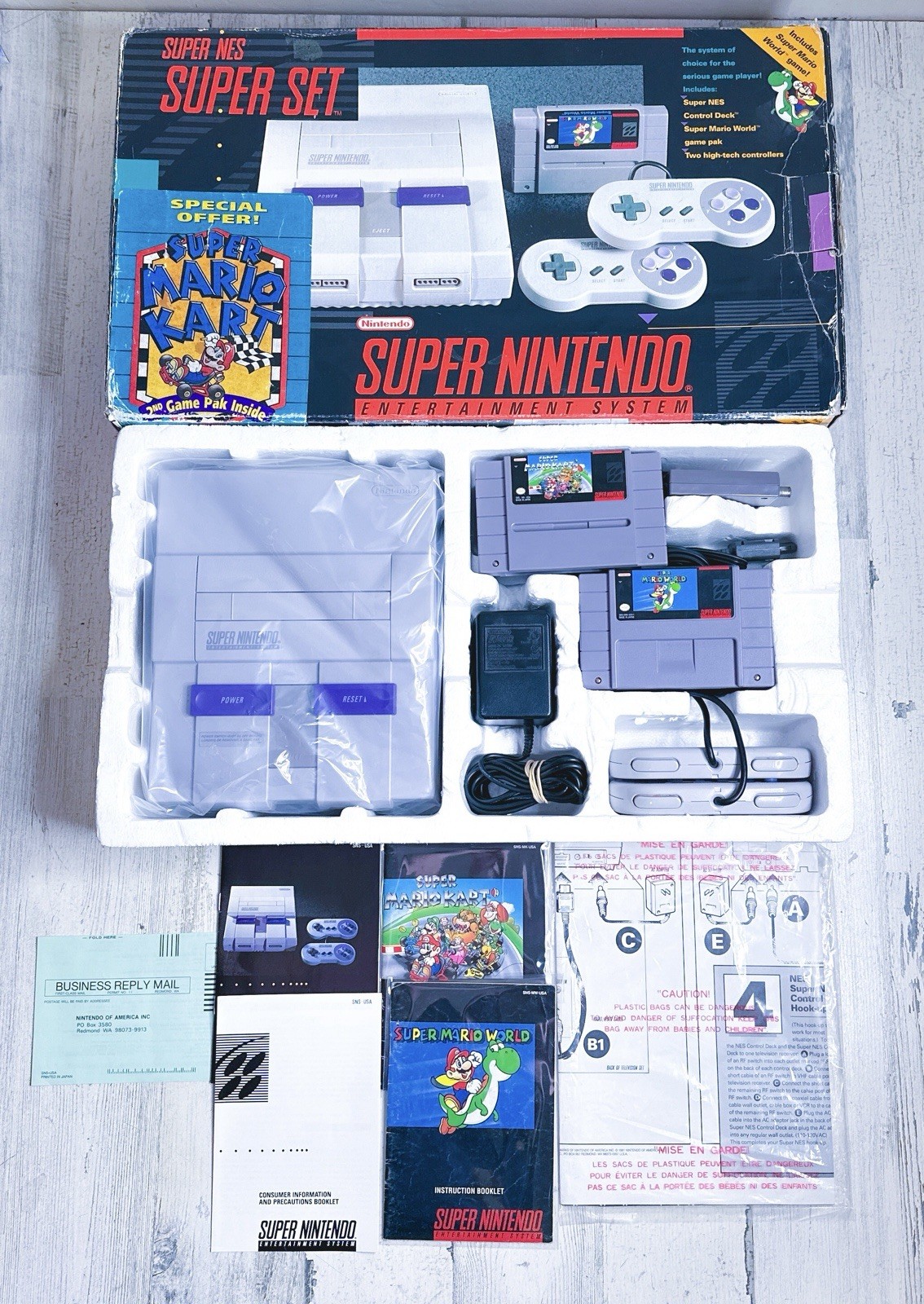 Super Nintendo Super Set System SNES Super Mario Kart + Mario World Variant CIB
