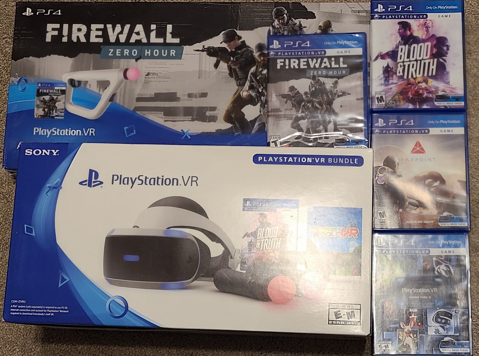PSVR 1 Bundle With Games, Aim Gun, Headset, Base, Move Controllers, + All Boxes