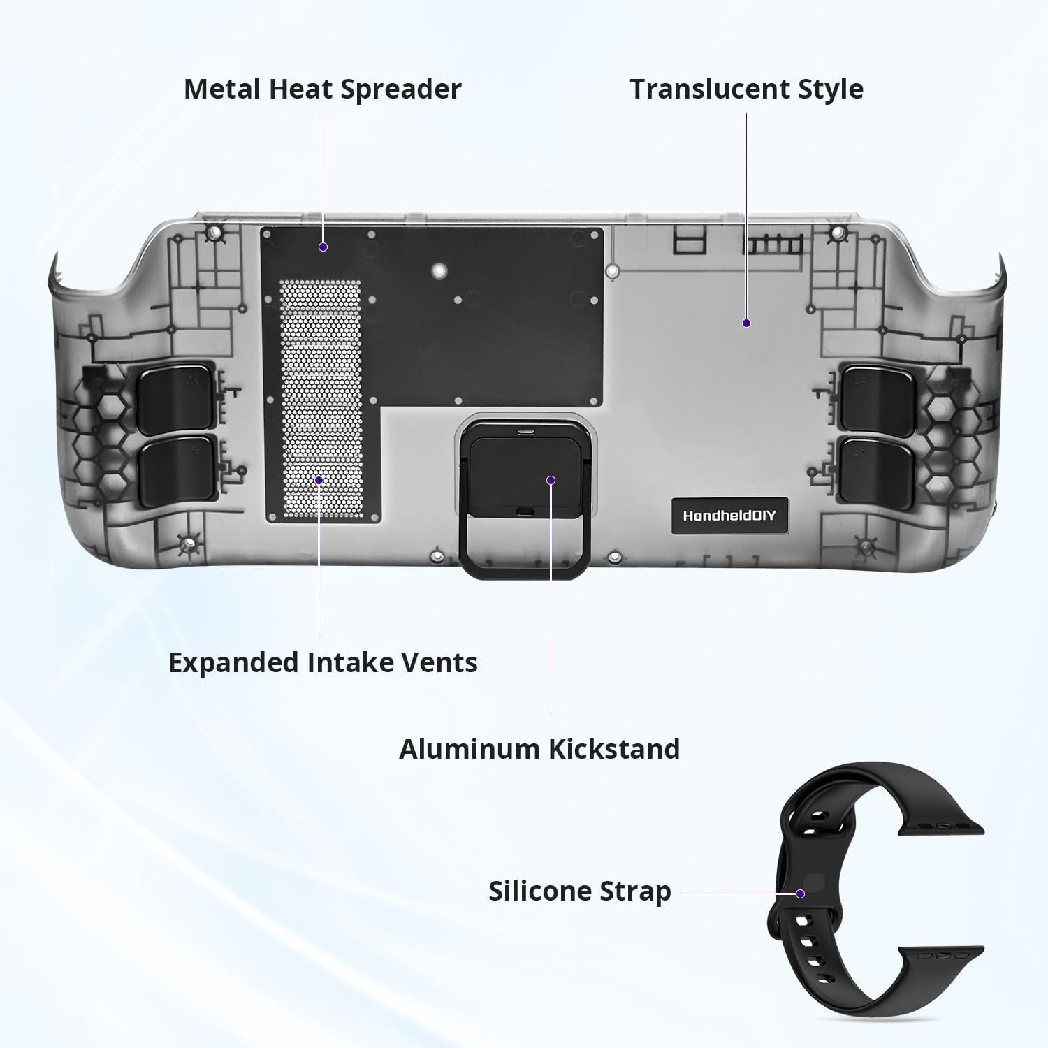 Translucent Cooling Modcase for Steam Deck LCD/OLED with Adjustable Kickstand