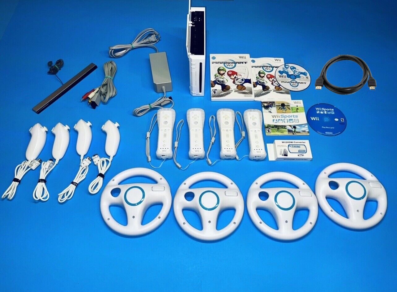 Nintendo Wii Console Mario Kart Bundle w/ Wii Sports- 4 Controllers & Wheels!