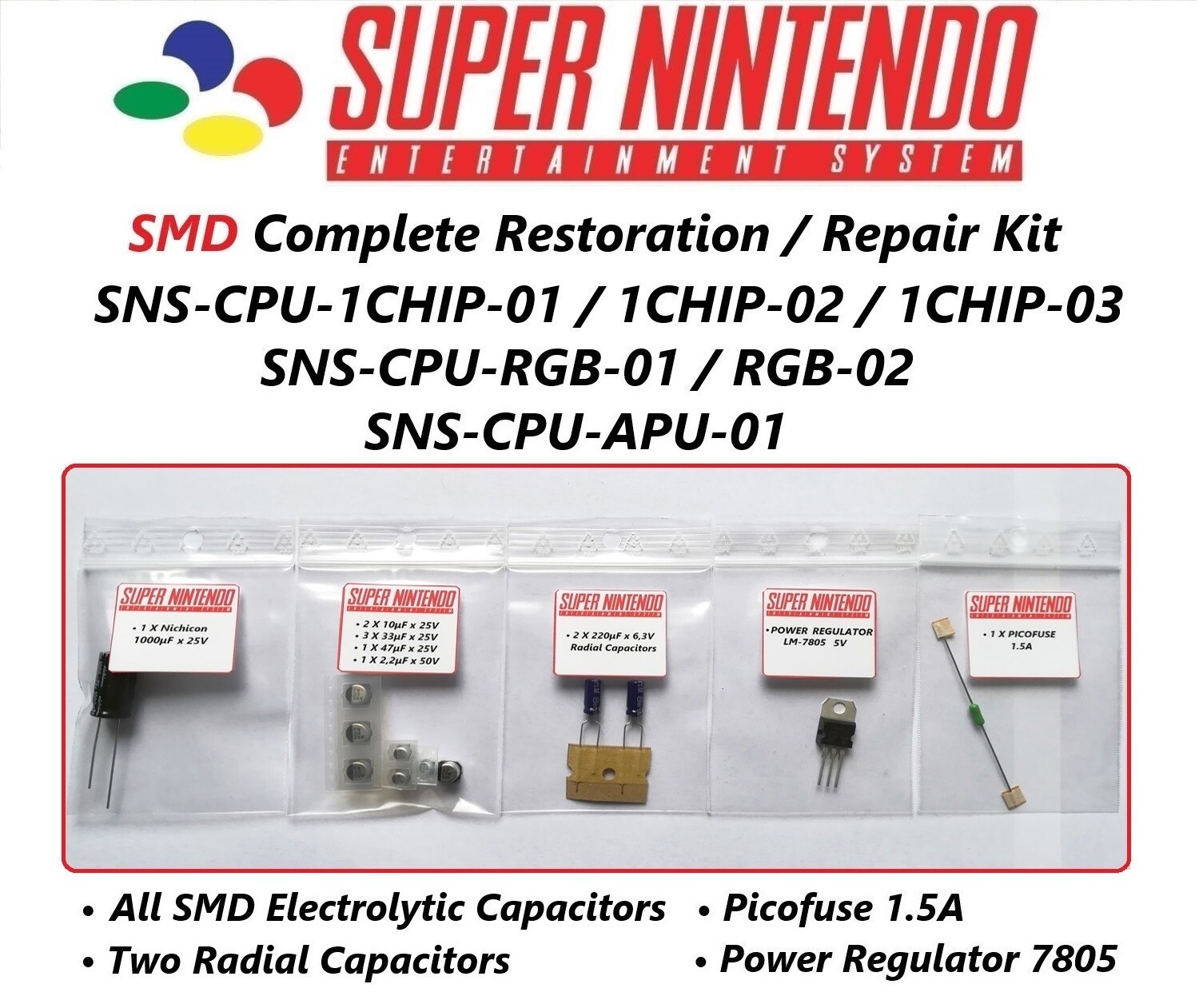 Super NES Cap Kit / SMD Kit – SNS-CPU-1CHIP & SNS-CPU-RGB & SNS-CPU-APU