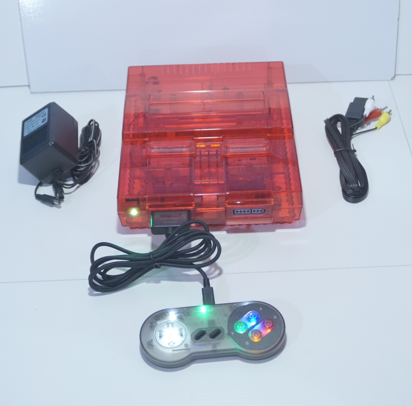 Transparent Clear Red Super Nintendo SNES Game Console SNS-001 with Green LED