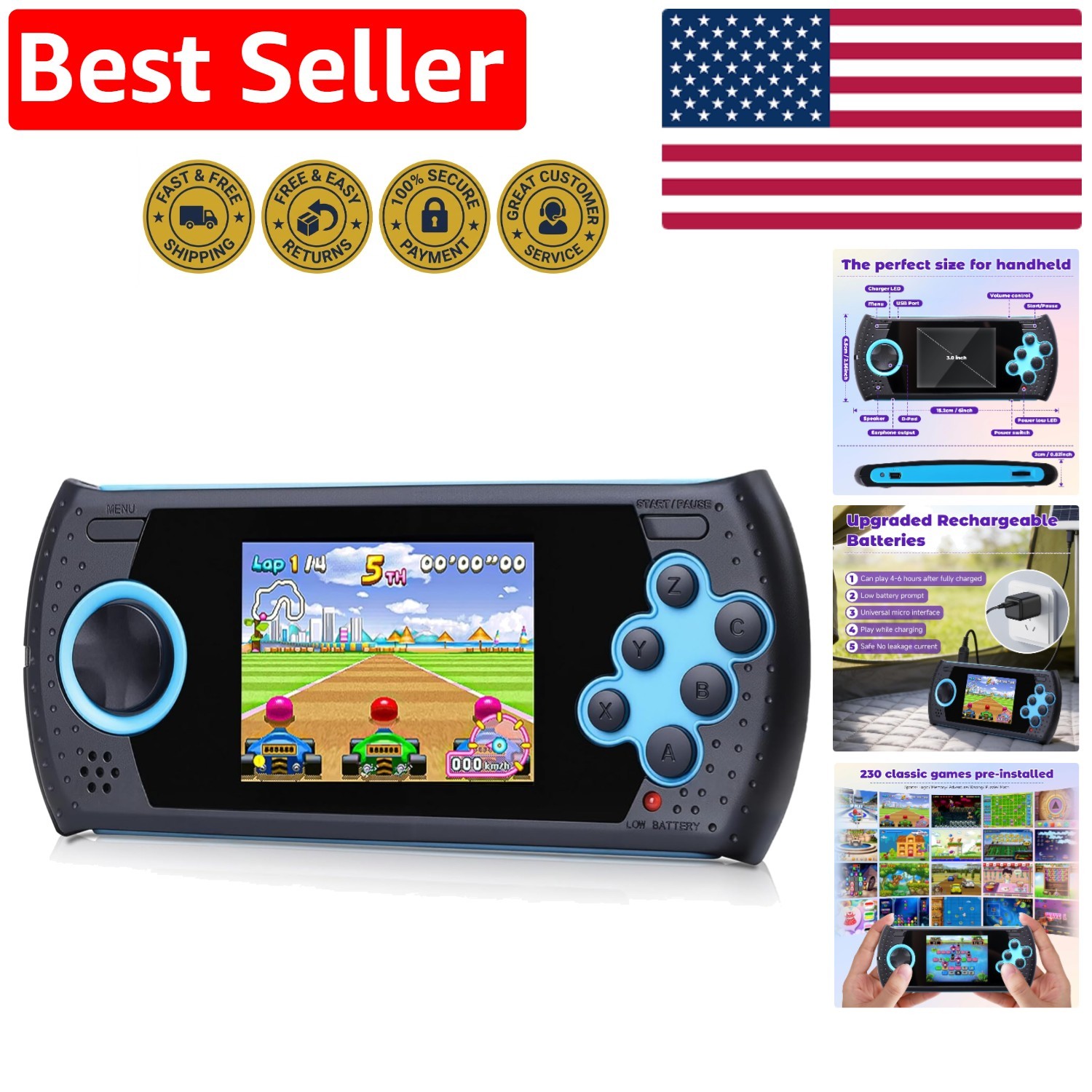Rechargeable Handheld Game for Kids – 230 Non-Violent Games, Perfect Travel Gift