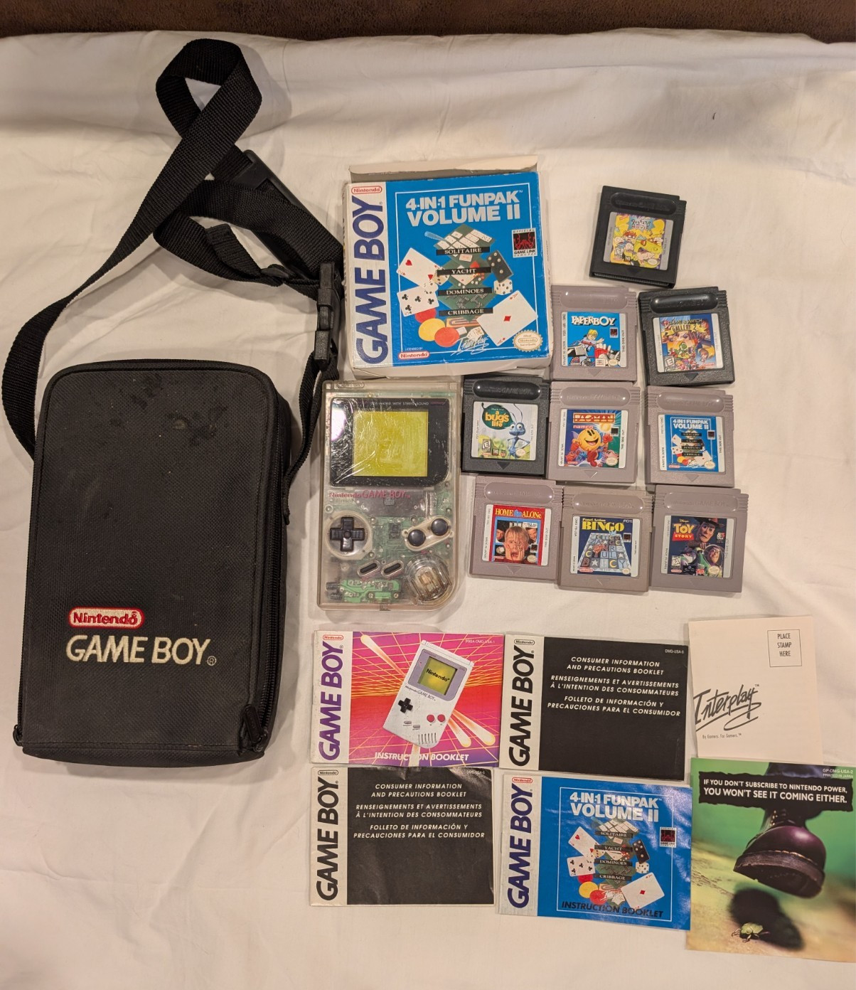 Nintendo Gameboy Clear DMG-01 Handheld with 9 Games Case WATCH VIDEO