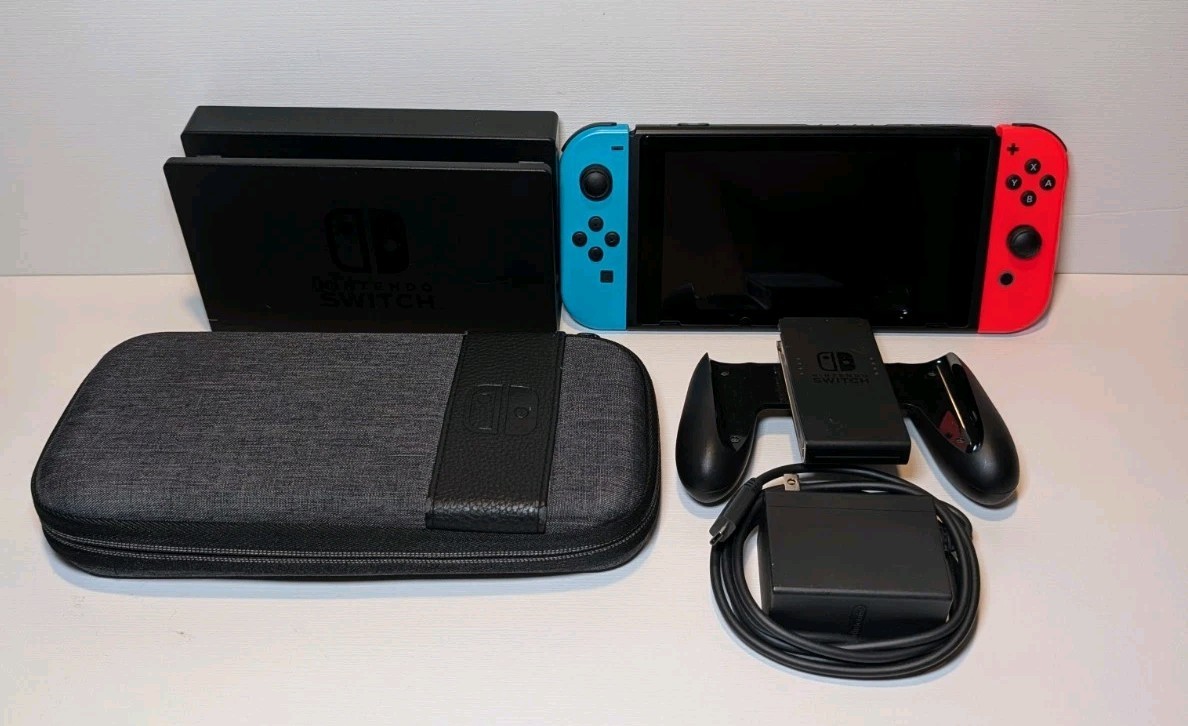 Nintendo Switch V1 Console Neon Red/Blue Joy-Con Dock, Adapter, Case – Excellent