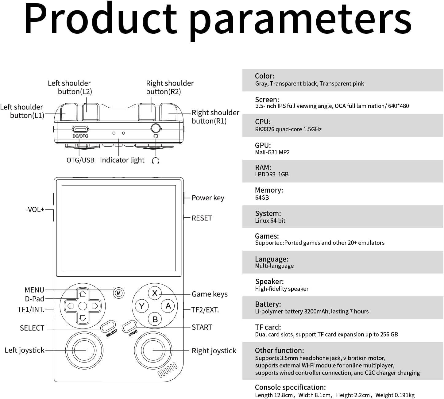 G350 Retro Handheld Game Console , 3.5 Inch IPS Screen 12.8cm x 8.1cm x 2.2cm