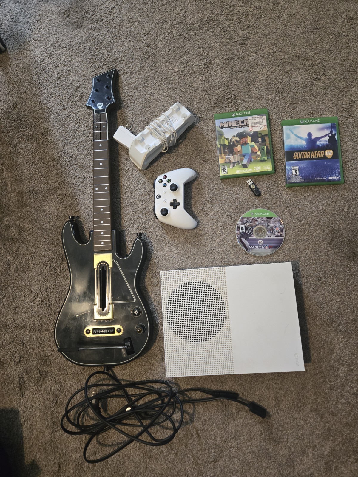 Xbox One S Console Bundle w/ Guitar Hero Live Guitar, Dongle & Games