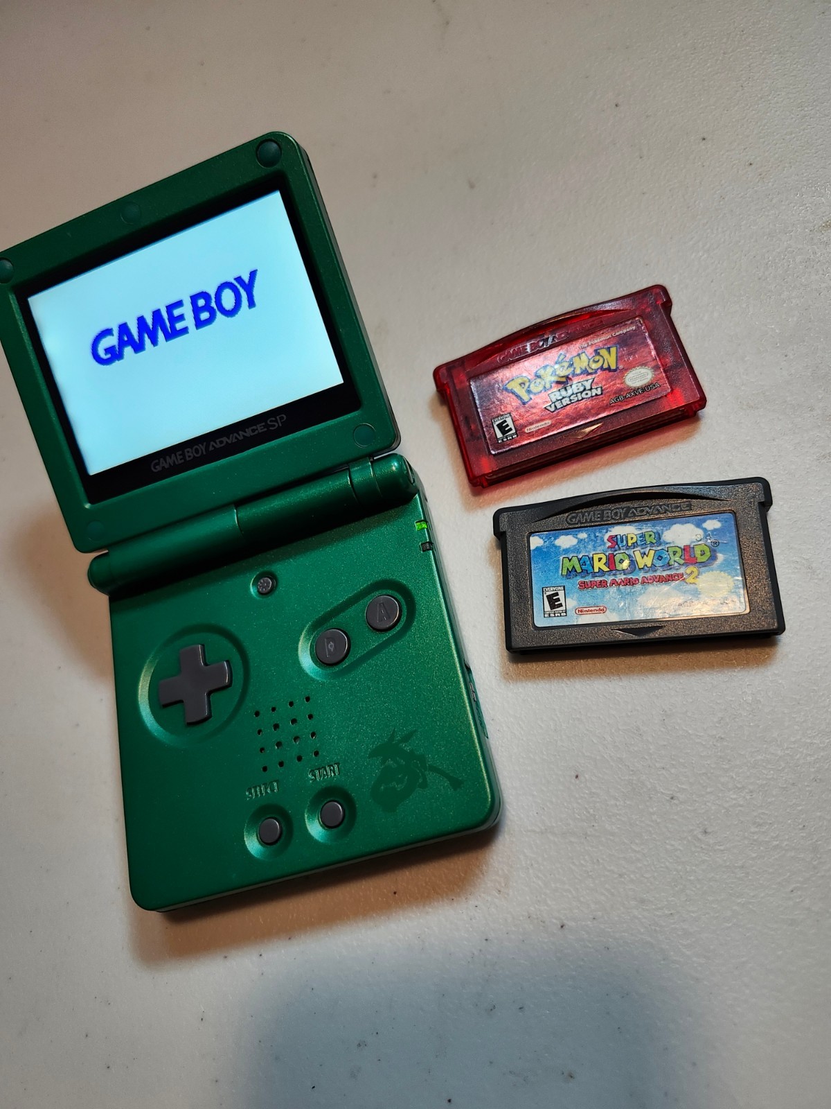 Gameboy Advance SP (IPS Screen + USBC Charging) + Pokemon Ruby + Mario Advance 2