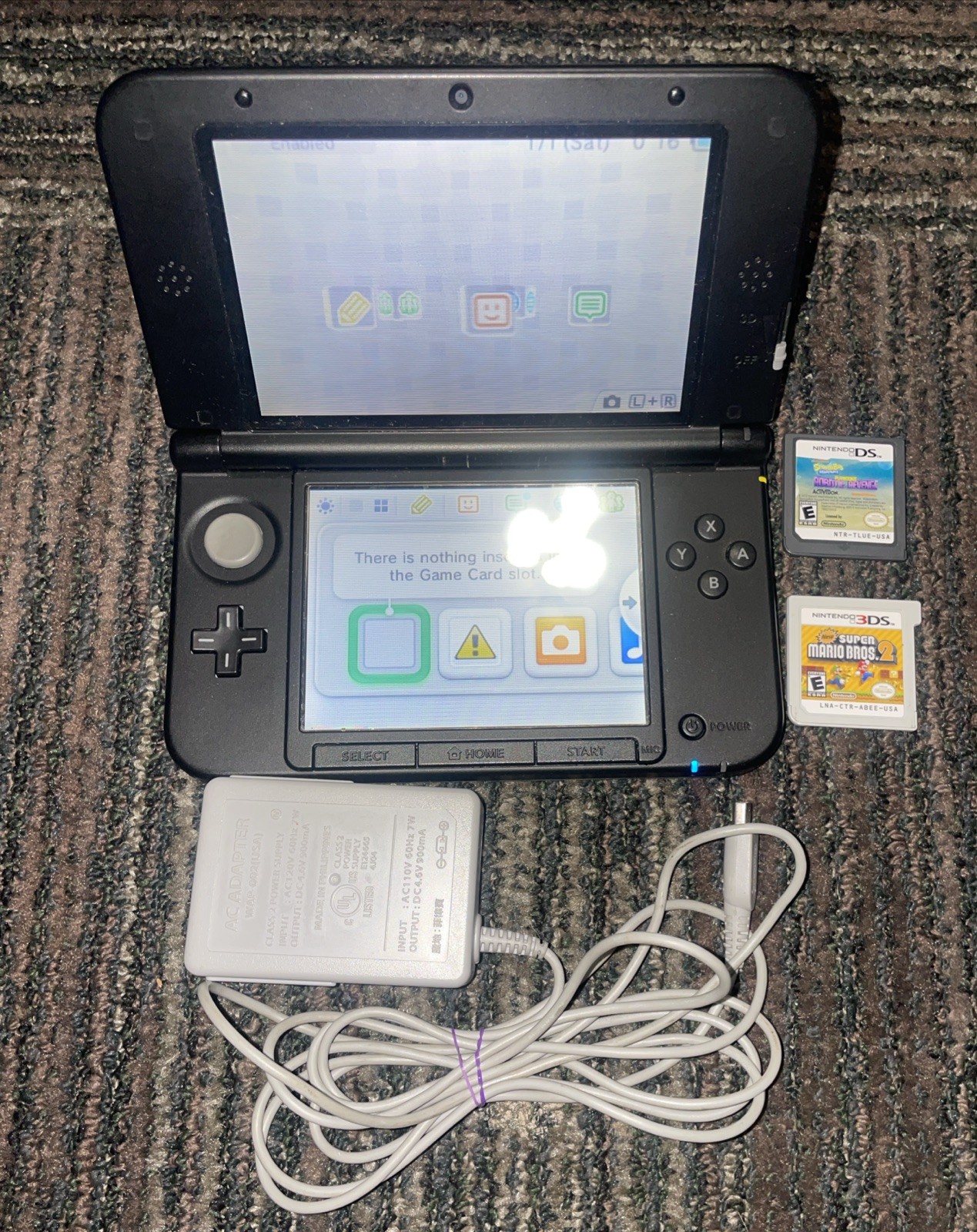 Nintendo 3DS XL Handheld Console W/ 2 Games Sup Mario2 SpongeBob & Orginal Cord
