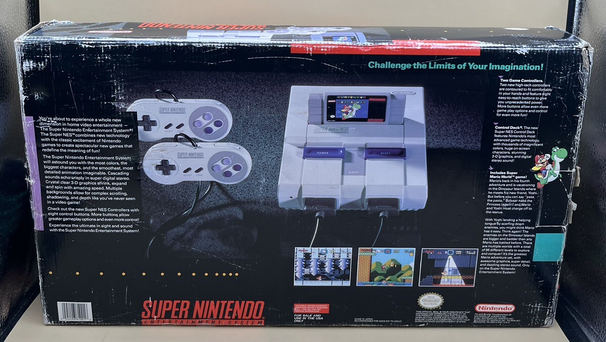 SUPER NINTENDO SNES CONSOLE W/ ORIGINAL BOX, 2 CONTROLLERS, ACCESSOR (MVP023949)