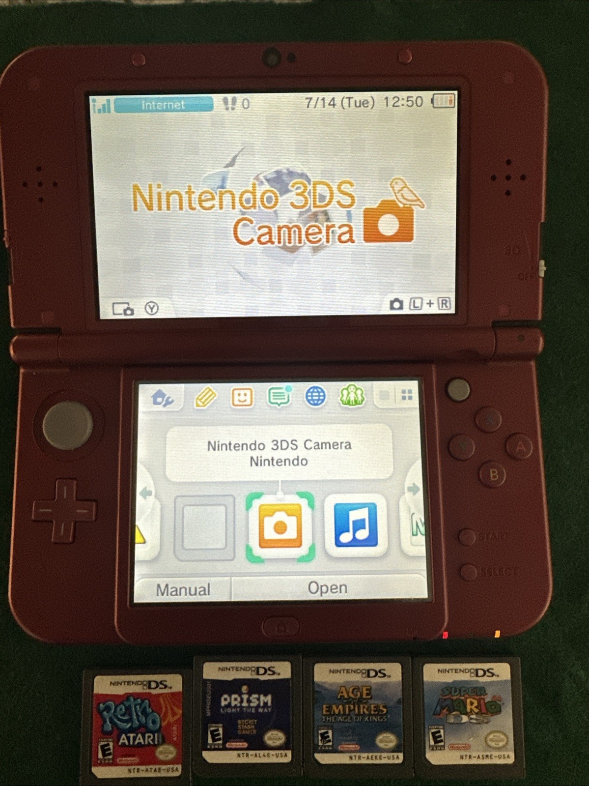 Nintendo New 3DS XL Red System 32Gb w/Charger 4 Games US Version Case