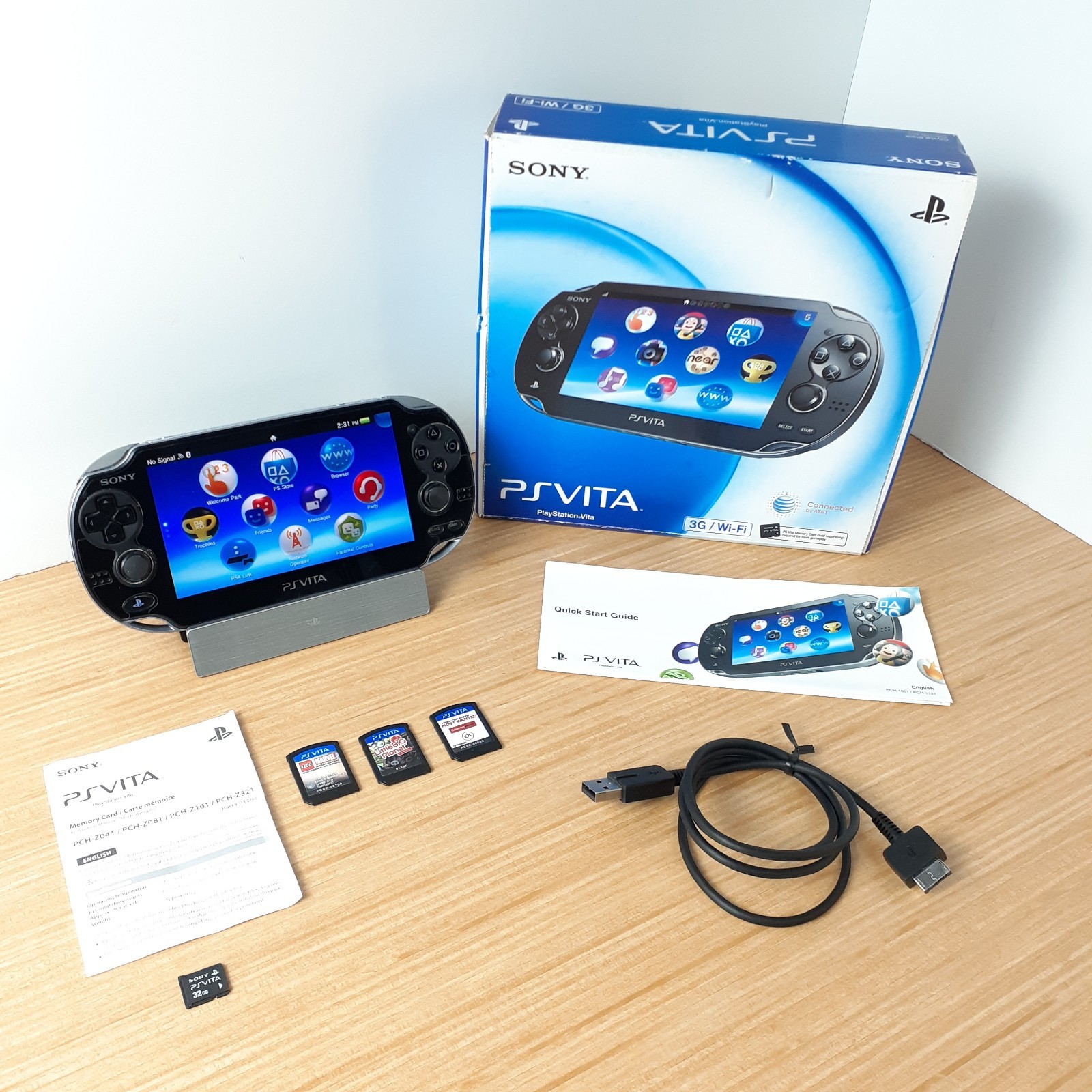 Sony PSVITA Console PCH-1101 Bundle 3 Games Box Memory Card OEM Cradle Charger