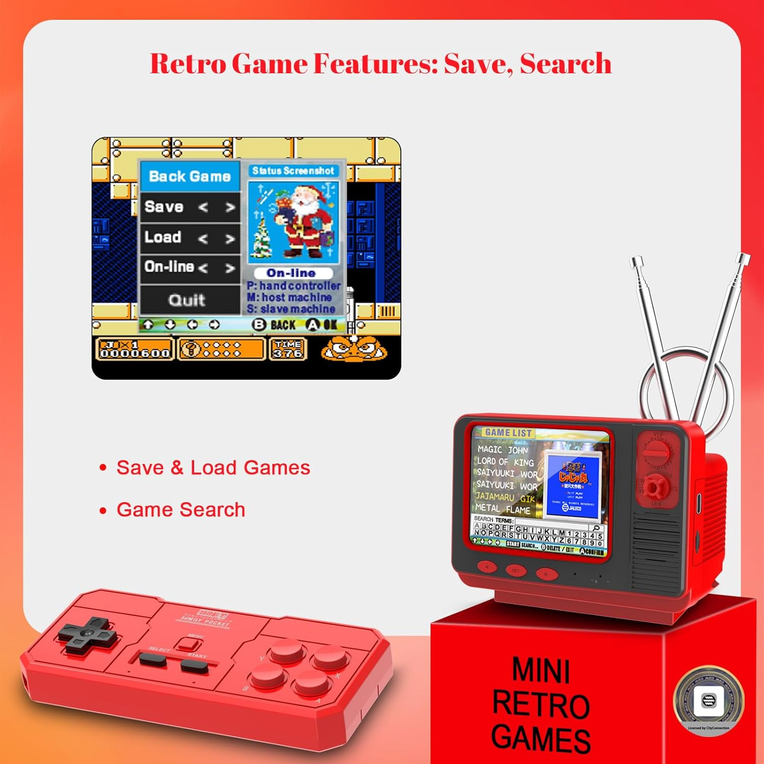 Retro Game Console – JALECO + 168 Classic Games, 2.4G Wireless 2-Player, 3.0 Inc