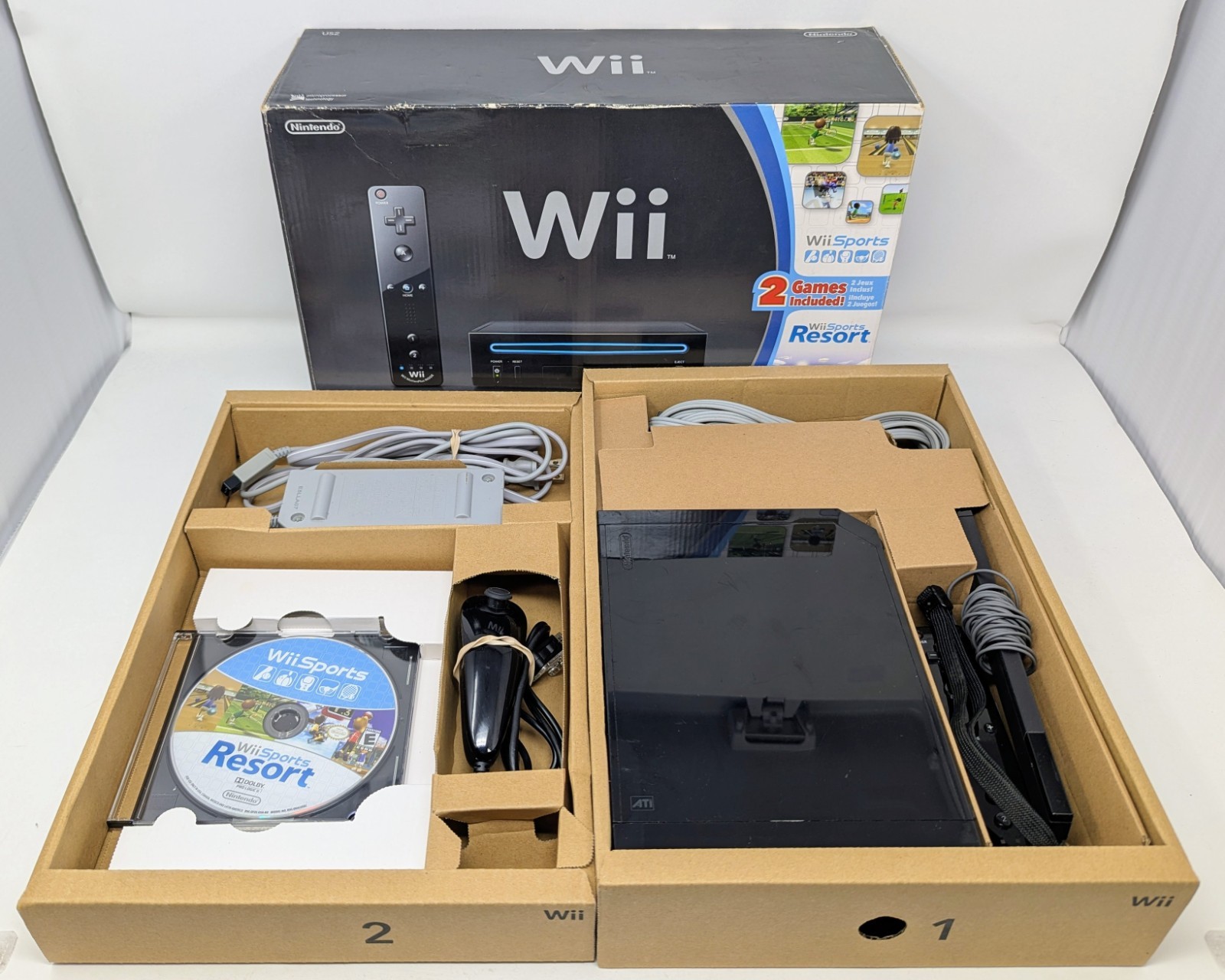Nintendo Wii Black Console w/ Box & Wii Sports + Wii Sports Resort Combo Disc!