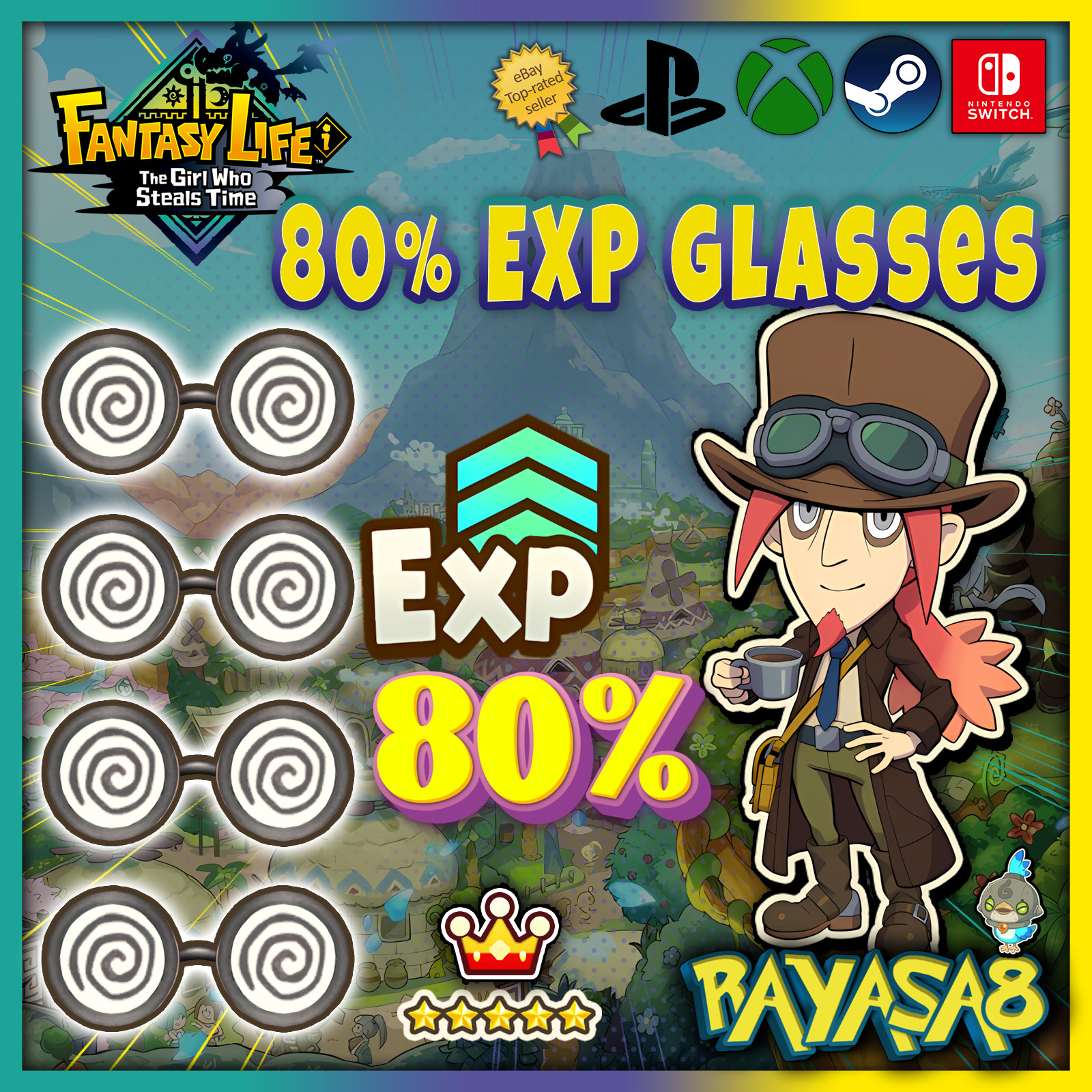 Fantasy Life i | 80% EXP Swirly Specs Set (4x) | Level Boost Gear 🚀
