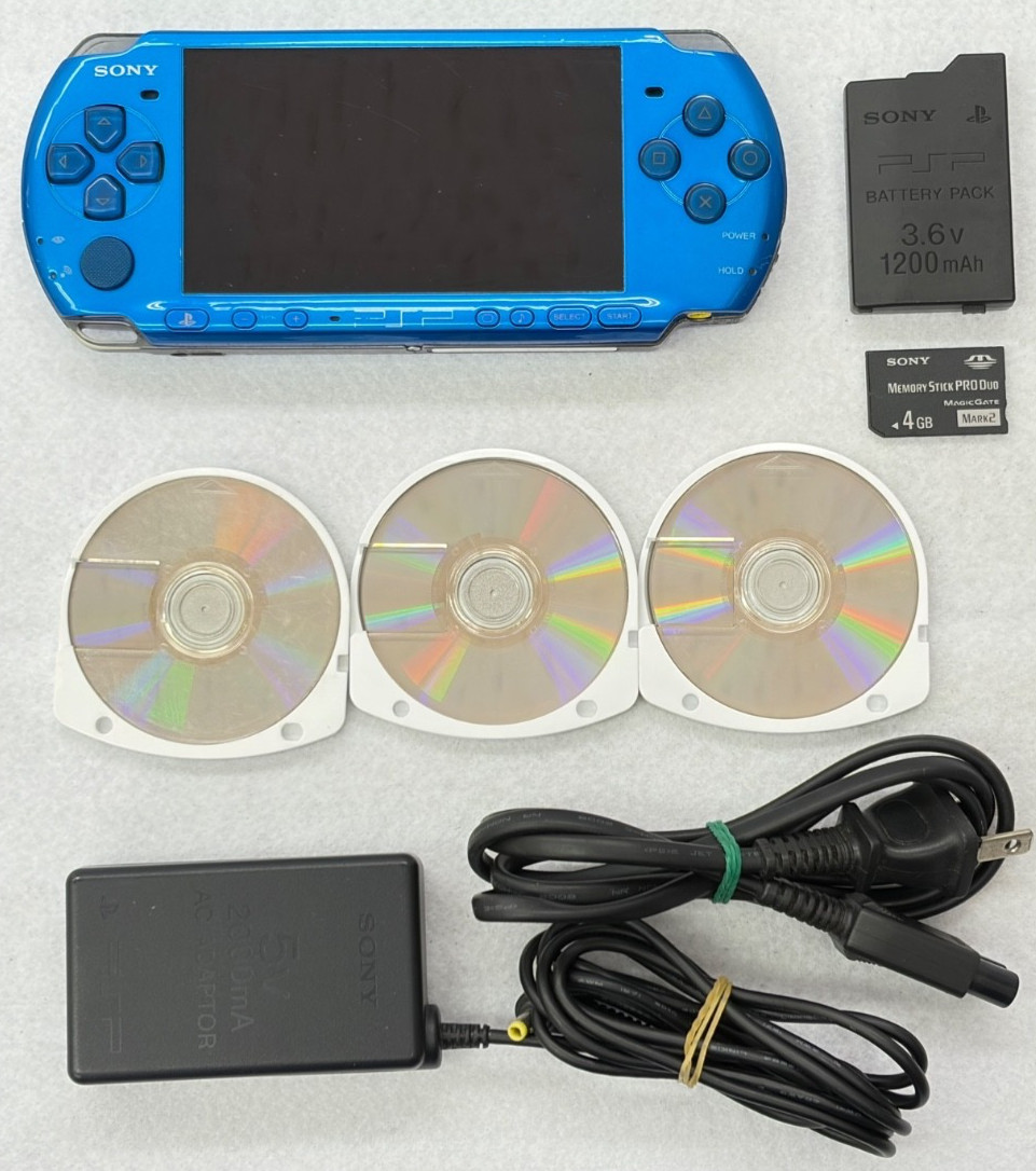 TESTED SONY PSP 3000 BLUE Console + Charger + battery + 3 game Region free 4GB