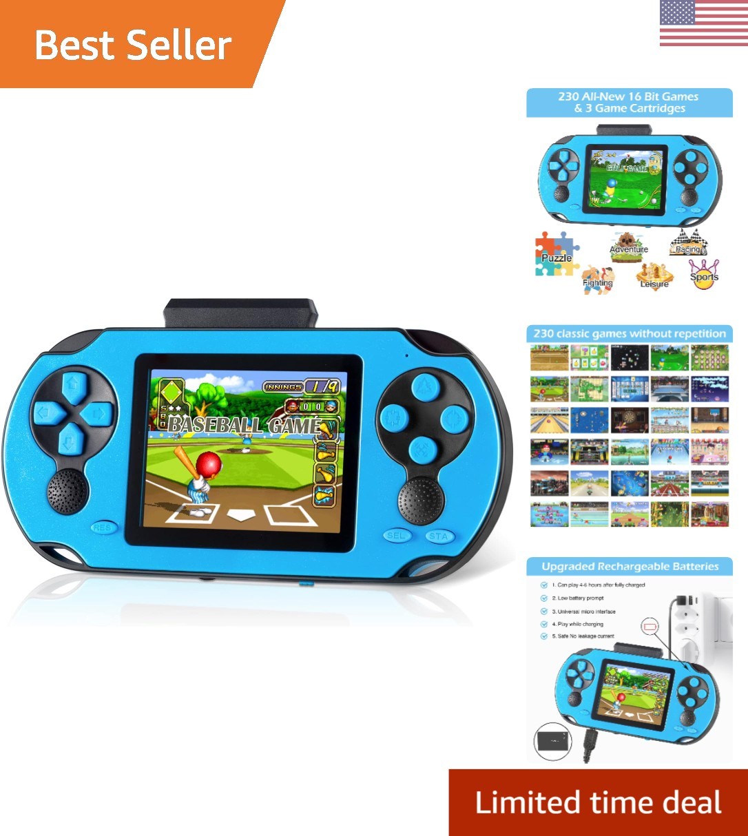 Portable 3.0” Handheld Gaming Console – 230 HD Classic Games, Rechargeable