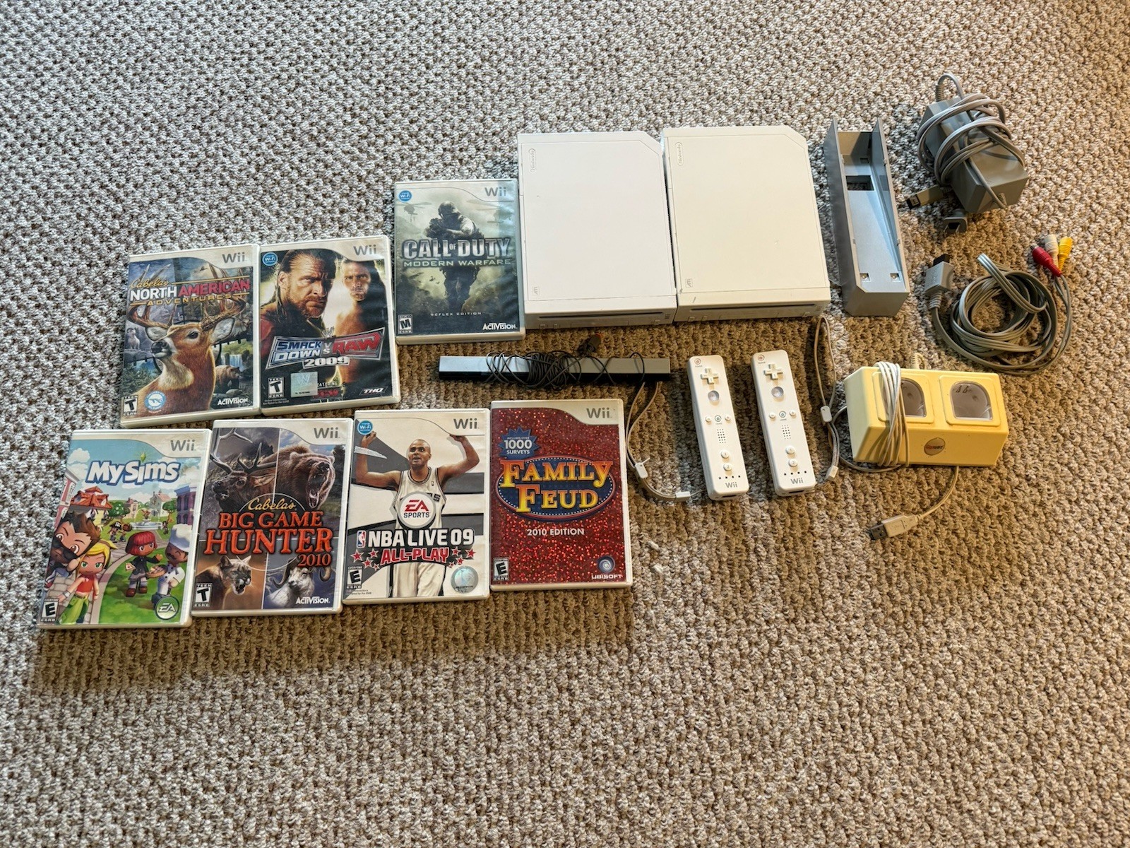 2 Lot Nintendo Wii Console RVL 001 Lot 2 Wii Remotes, Wires, 8 Games + More