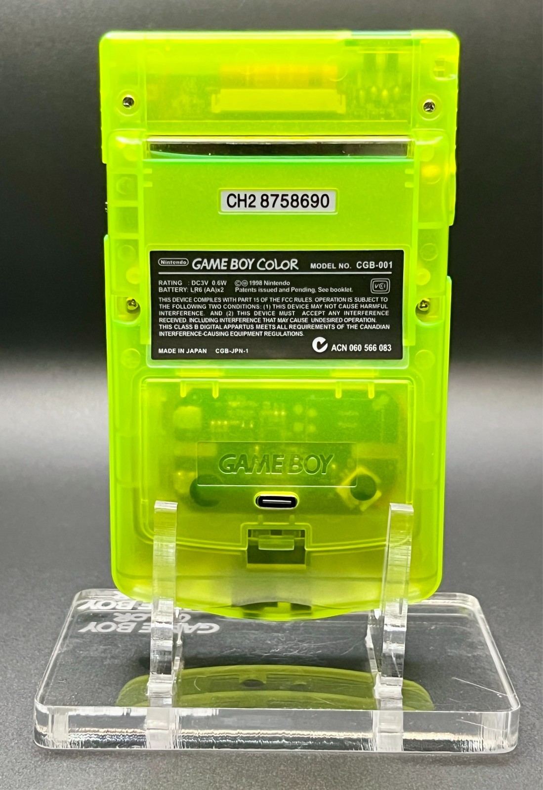 GameBoy Color OLED Screen Mod + USB‑C Rechargeable 1500mAh – Clear Green/Yellow