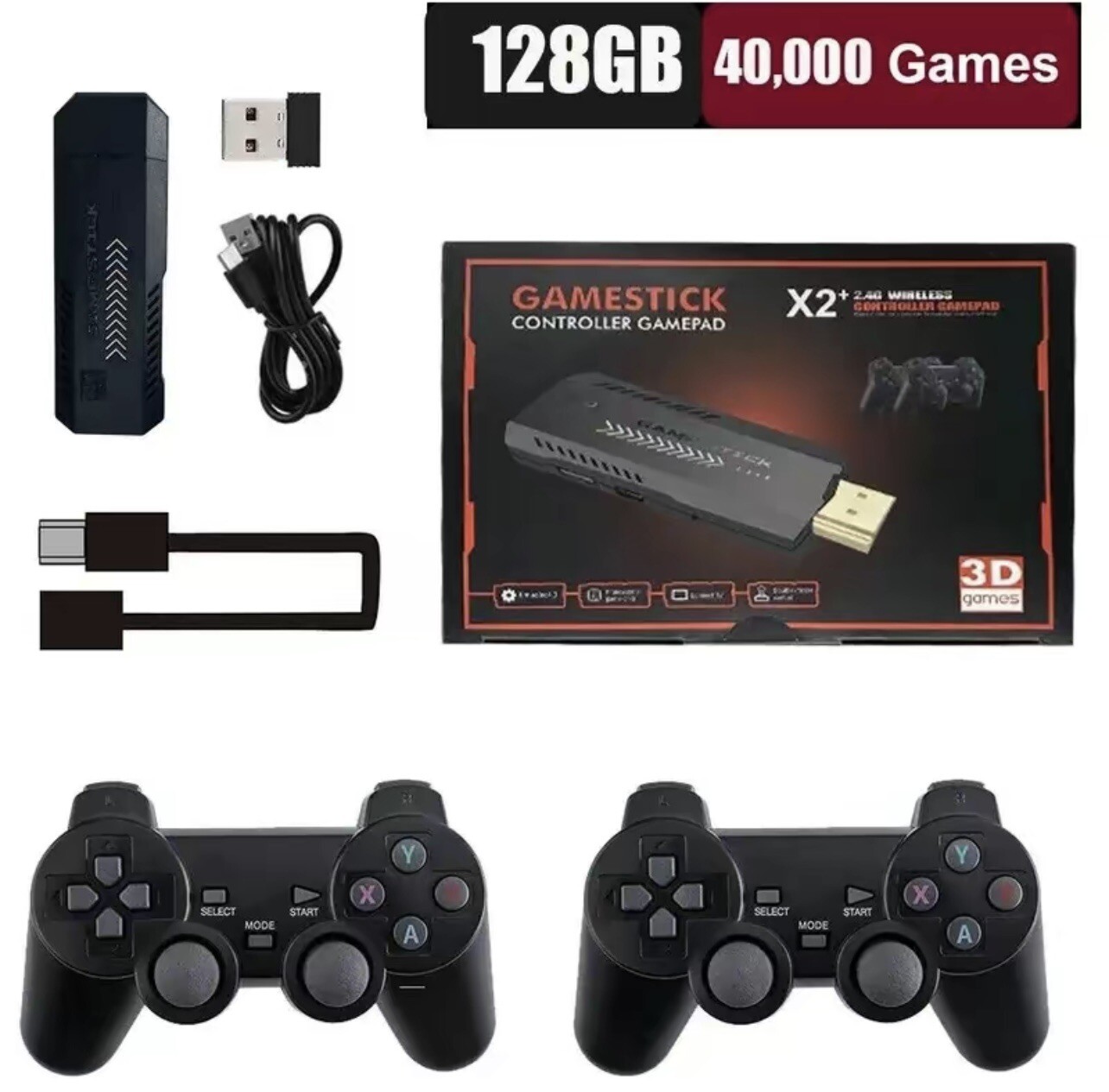 HDMI TV 4K Game Stick 128G 41000+ Games Video Game Console w/2*Wireless Gamepads