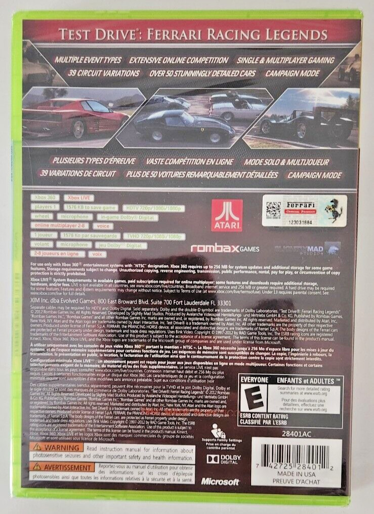 Test Drive: Ferrari Racing Legends Xbox 360 Brand New Game Special (2012 Racing)