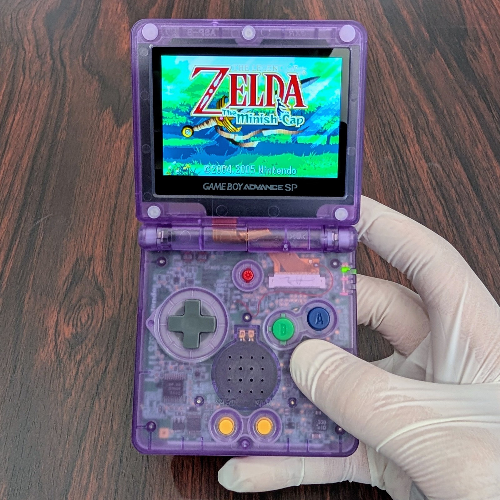 Custom GBA SP, IPS Screen, Upgraded Battery, Charger & Case – N64 Purple