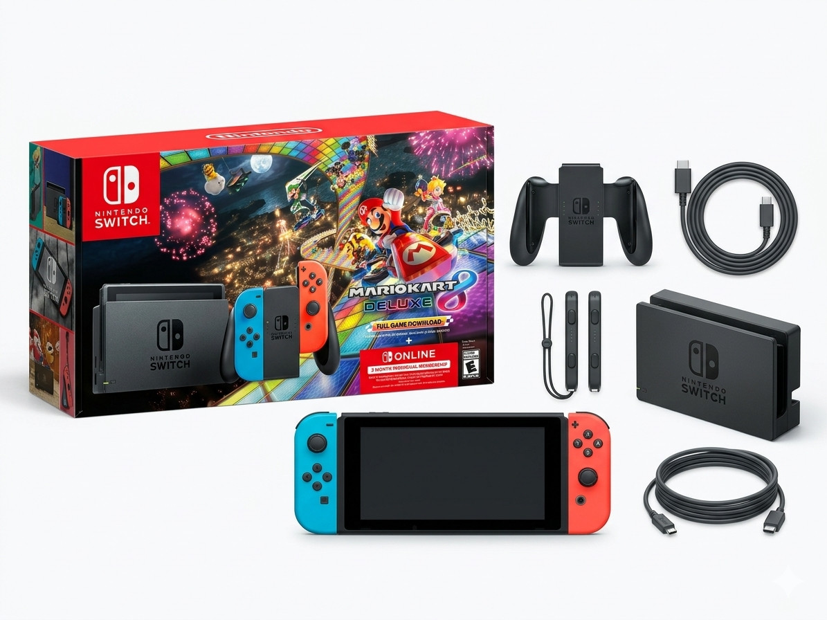 Nintendo Switch HAC-001(-01) Neon Blue/Red Joy-Con + Mario Kart 8 Deluxe Bundle