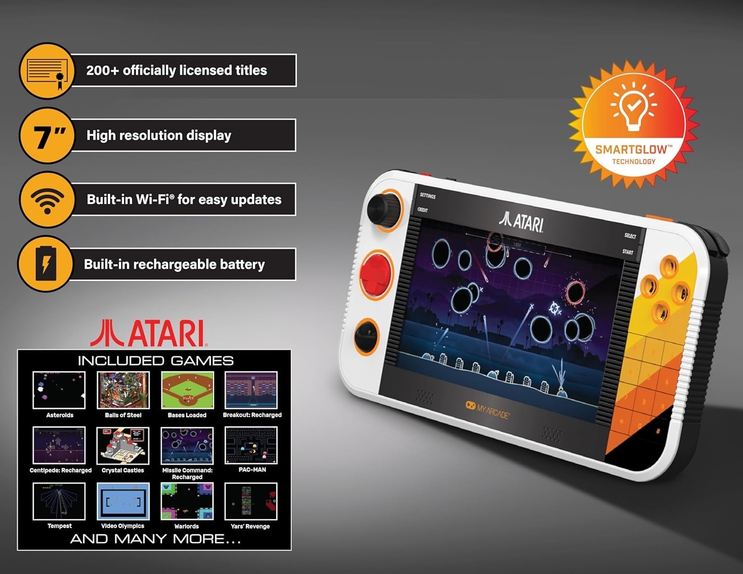 Atari Gamestation Go 7″ LCD, 200+ Built-in Games, Rechargeable, SmartGlow, Wi-Fi