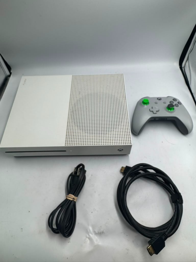 Xbox One S 500GB White + Grey Green Controller Missing Thumbstick Caps Used