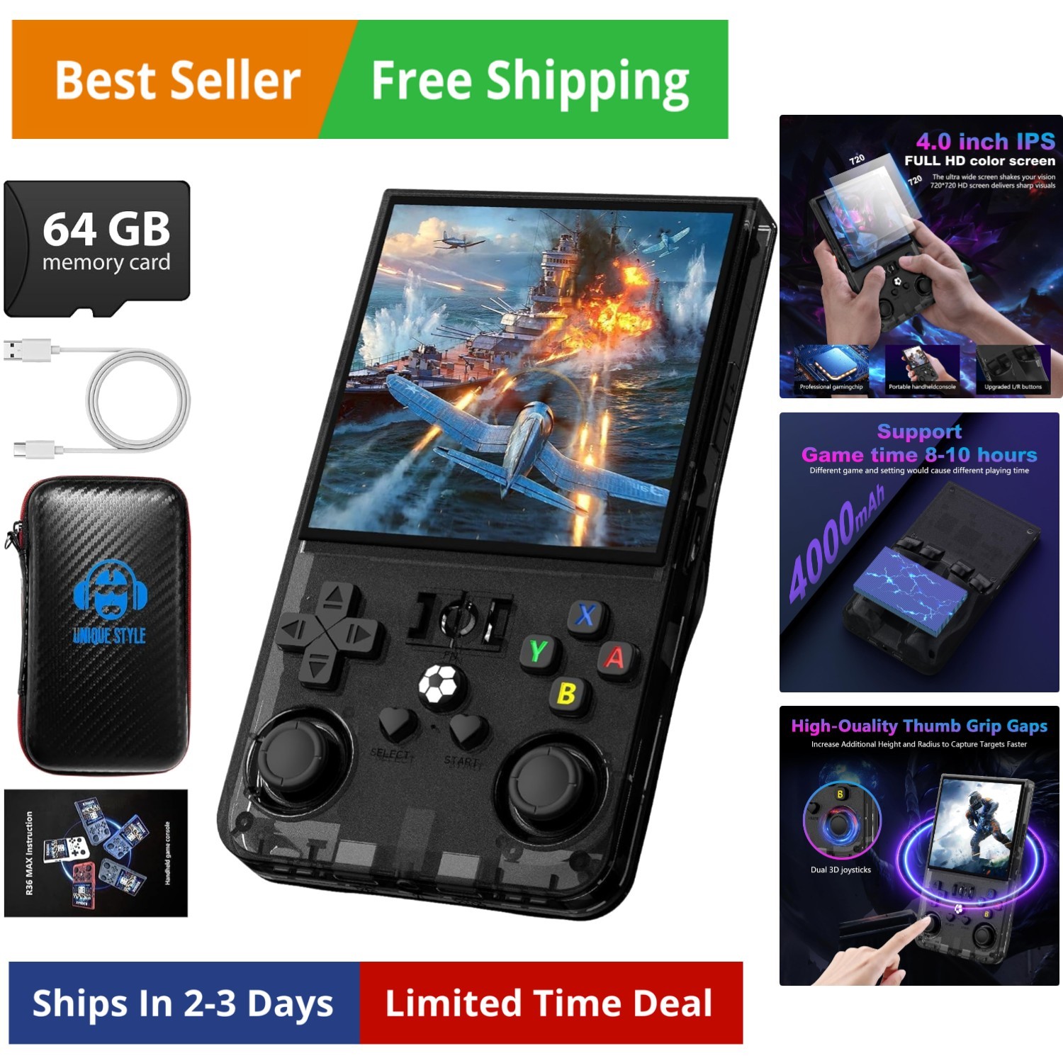 R36MAX Retro Handheld Game Console, 4.0 Inch 720×720 IPS Screen, 64GB Built-i…