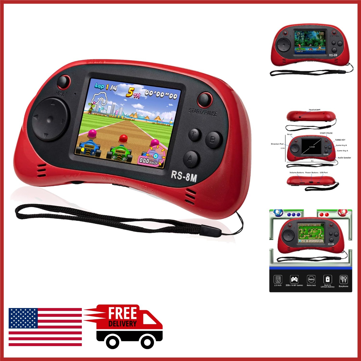 Kids Portable Video Game Player with 200 Games Rechargeable Battery Red
